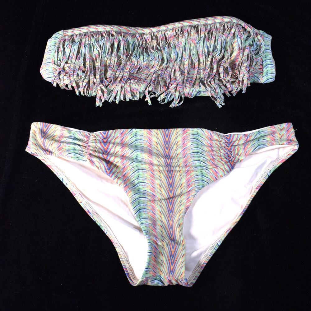 L*Space Rainbow Pink Aqua Ombre Stripe Fringed Bandeau Bikini Sz L Swimsuit - Picture 2 of 5